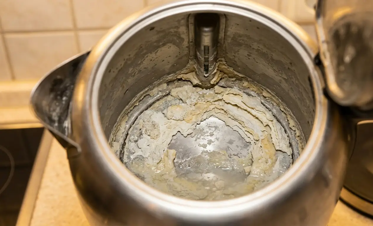 Verkalkter Wasserkocher mit Kalkschicht im Inneren