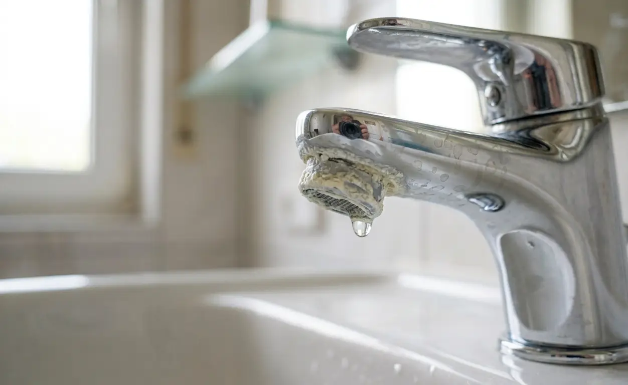 Verkalkter Wasserhahn mit Kalkablagerungen im Haushalt